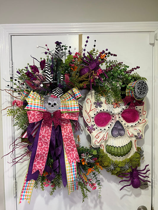 Colorful Sugar Skull Wreath – Halloween & Day of the Dead Door Décor