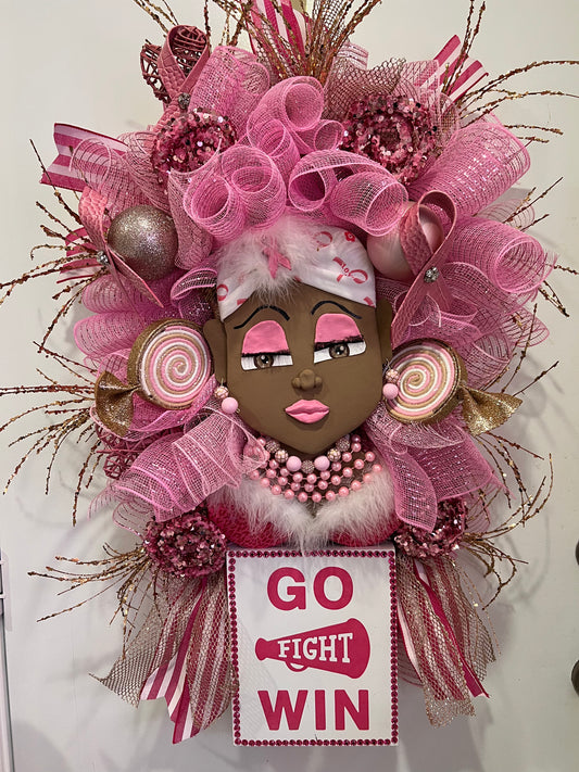 Pink Power Wreath – Breast Cancer Awareness “Go Fight Win” Door Décor